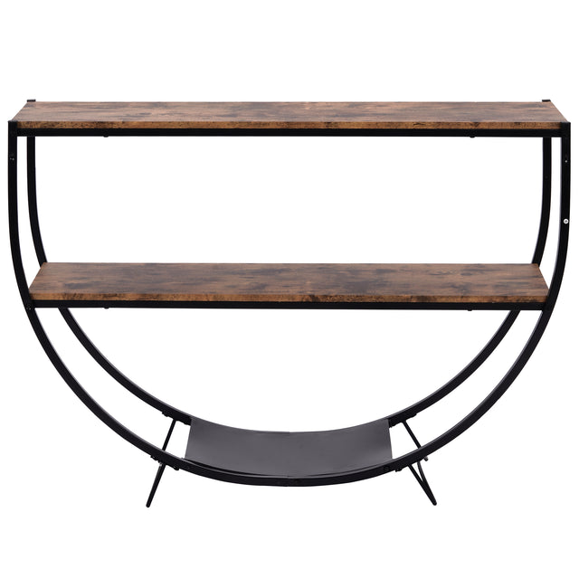 TREXM Rustic Industrial Design Demilune Shape Textured Metal Distressed Wood Console Table (Distressed Brown)