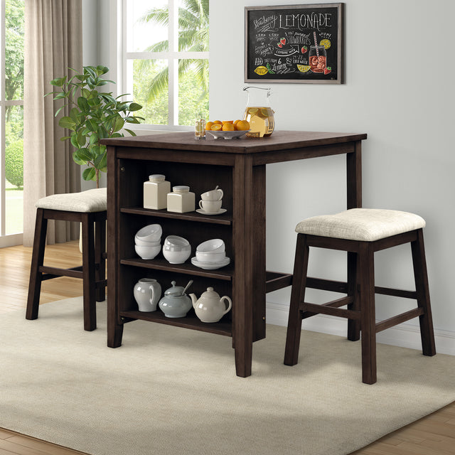 TOPMAX 3 Piece Dining Table with Padded Stools, Table Set with Storage Shelf,Brown