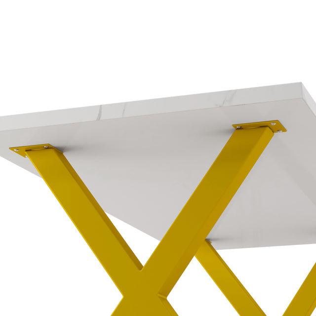 70.87"Modern Square Dining Table with Printed White Marble Table Top+Gold X-Shape Table Leg
