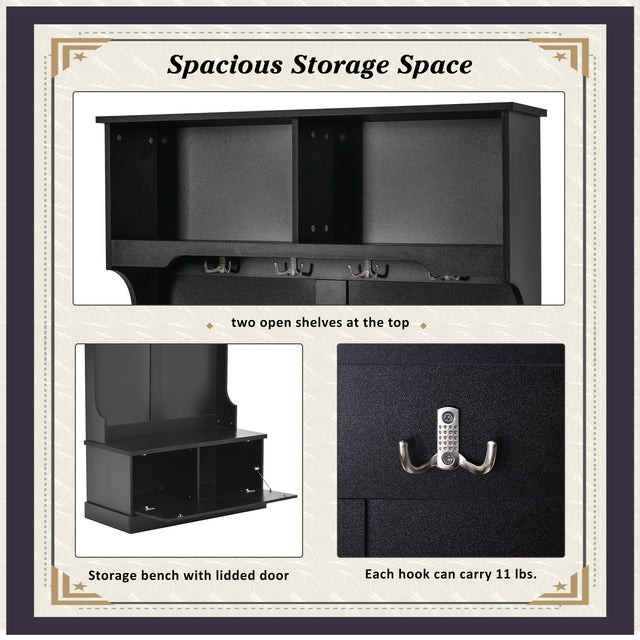 ON-TREND Hall Tree with 4 Hooks, Coat Hanger, Entryway Bench, Storage Bench, 3-in-1 Design, for Livingroom, Hallway (BLACK)