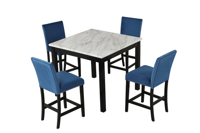 5-piece Counter Height Dining Table Set with One Faux Marble Dining Table and Four Upholstered-Seat Chairs,for Kitchen and Living room,Table : 42"L x42"Wx36"H,Chair:18.5"Wx23.2"Dx39.8"H,  Blue