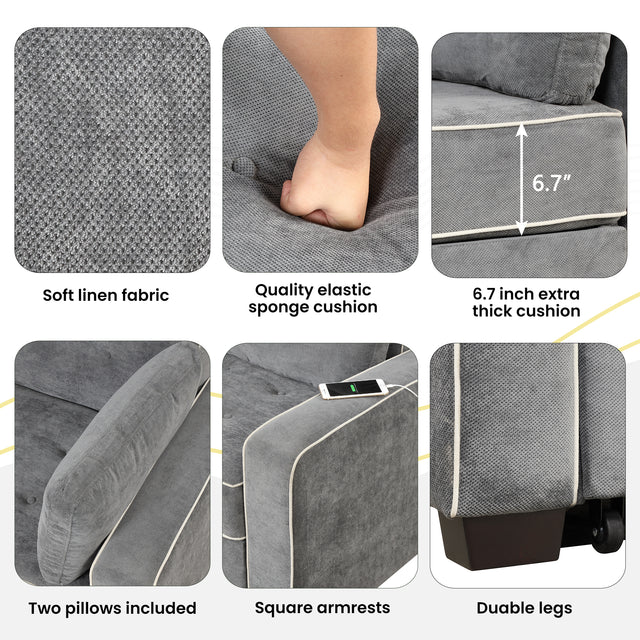 65.7" Linen Upholstered Sleeper , Pull Out Sofa Couch attached two throw pillows,Dual USB Charging Port and Adjustable Backrest for Living Room Space，Charcoal Gray
