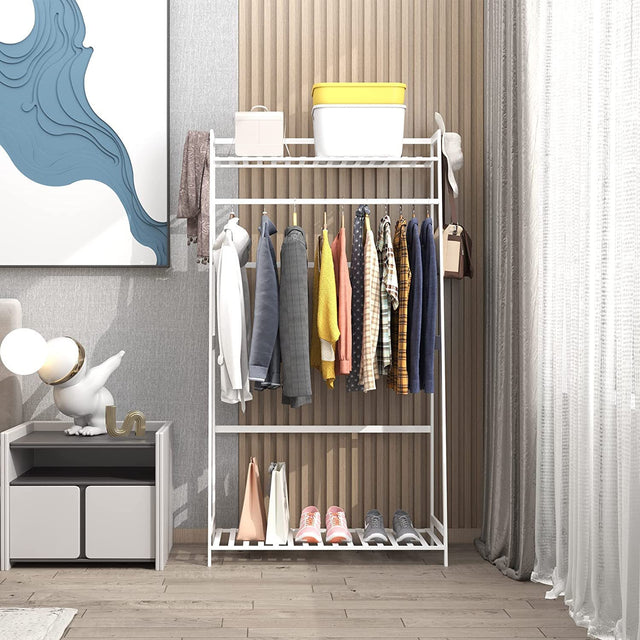 Clothes Rack,Heavy Duty Clothes Rack with Shelves,Freestanding Garment Rack for Living Bedroom Room Kitchen Bathroom Entryway Office Storage Shelves Clothes Hanging Rack,CR-537 White
