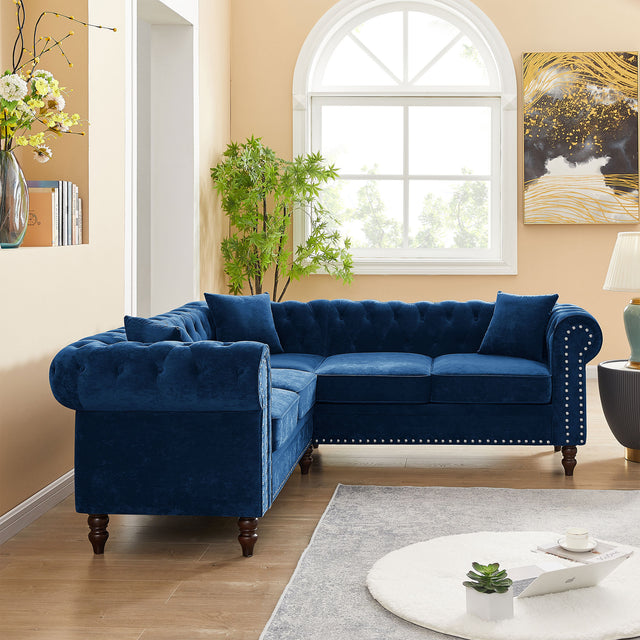 MH 80" Deep Button Tufted Upholstered Roll Arm Luxury Classic Chesterfield L-shaped Sofa 3 Pillows Included, Solid Wood Gourd Legs, Blue velvet