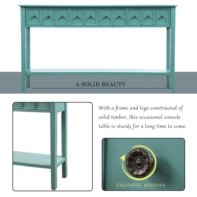 TREXM Rustic Entryway Console Table, 60" Long Sofa Table with two Different Size Drawers and Bottom Shelf for Storage (Blue)