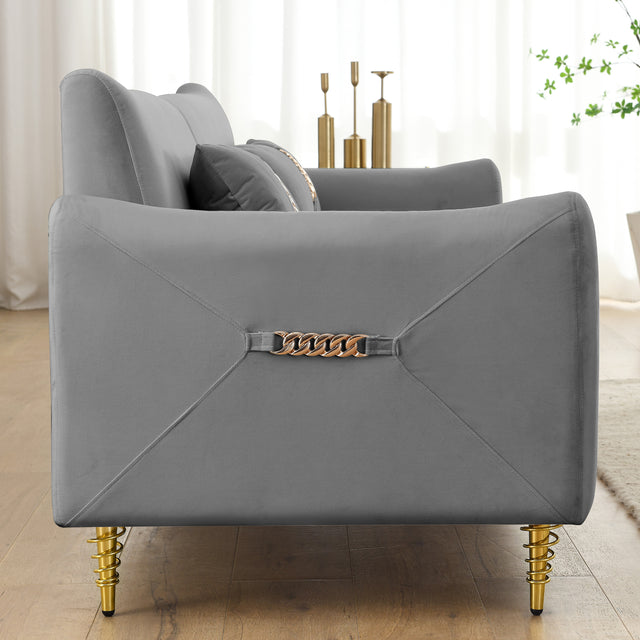 80.3" Modern Sofa Couch Upholstered Sofa Tufted Back Comfy Velvet Long Couch with 2 Pillows and Golden Legs for Living Room, Bedroom, Office, Apartment, Grey