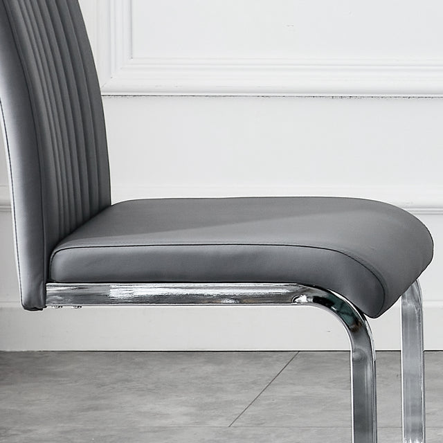 Modern Dining Plating leg Dining chair Chair, PU  Leather High Back Cushion Side  Chair with Vertical stripe backrest pattern for Dining Room Kitchen Vanity Patio Office Chair (Set of 4) (Grey+PU)