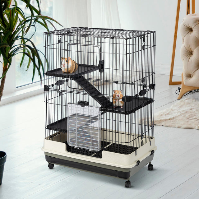 4-Tier 32"Small Animal Metal Cage Height Adjustable with Lockable Casters  Grilles Pull-out Tray for Rabbit Chinchilla Ferret Bunny Guinea Pig Squirrel Hedgehog(BLACK)(=OLD SKU:W69133214)