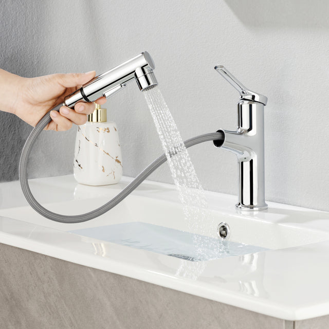 Single Hole Bathroom Faucet with Pull Out Sprayer, Dual Spray Modes, Solid Brass Polished Chrome Bathroom Faucet for Sink, Modern One Handle Bath Vanity Faucet with Face Basin Mixer Tap\\nVisit the YI