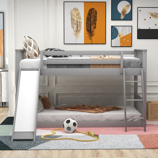 Twin over Twin Bunk Bed with Convertible Slide and Ladder, Gray