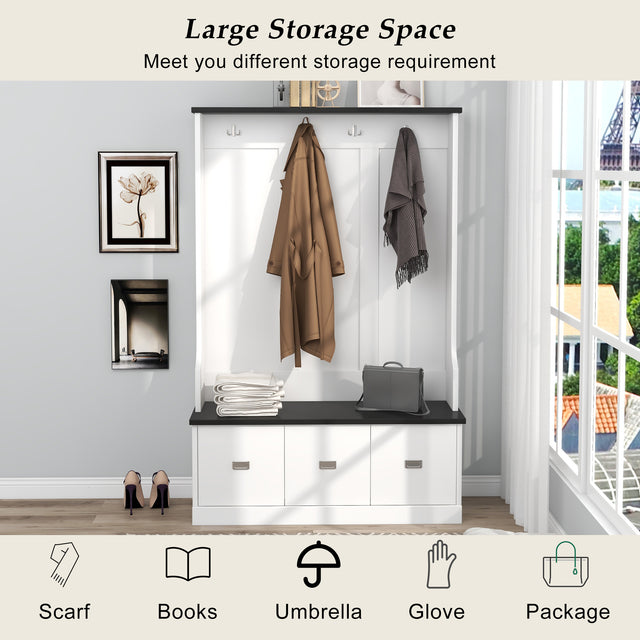 ON-TREND Two-tone Hall Tree with 4 Hooks and 3 Large Drawers, Coat Hanger, Entryway Bench, Storage Bench, 3-in-1 Design, for Entrance, Hallway (White)