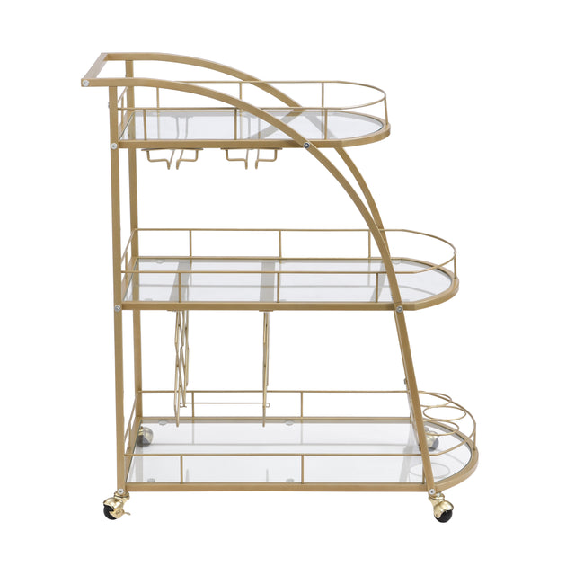 Golden Mobile Bar Cart Serving Wine Cart with Wheels, 3-tier Metal Frame Elegant Wine Rack for Kitchen, Party, Dining Room and Living Room