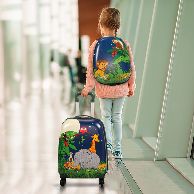 2 PCS Kids Luggage Set, 12" Backpack and 16" Spinner Case with 4 Universal Wheels, Travel Suitcase for Boys Girls,Navy Blue with Animal Patterns