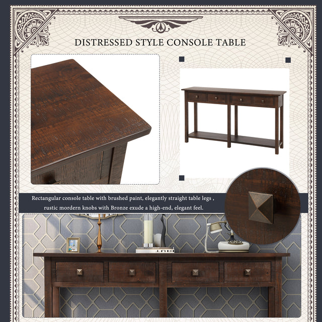 TREXM Rustic Brushed Texture Entryway Table Console Table with Drawer and Bottom Shelf for Living Room（Espresso）