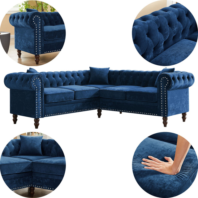 MH 80" Deep Button Tufted Upholstered Roll Arm Luxury Classic Chesterfield L-shaped Sofa 3 Pillows Included, Solid Wood Gourd Legs, Blue velvet