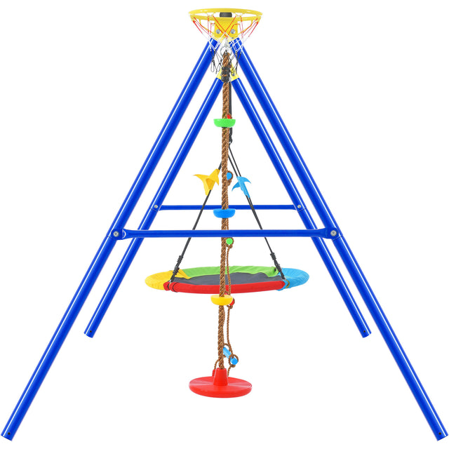 4 in 1 Outdoor Toddler Saucer Swing Set for Backyard, Playground Tree Swing Sets with Steel Frames, Climbing Rope with Disc Tree Swing Playset and Basketball Hoop for Kids