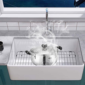 33  Inch Fireclay Farmhouse Kitchen Sink White Single Bowl Apron Front Kitchen Sink, Bottom Grid and Kitchen Sink Drain Included