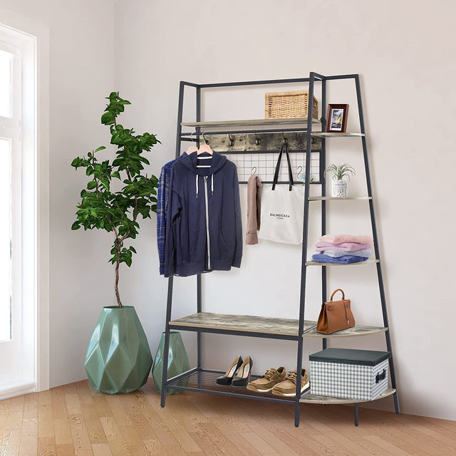 Entryway Coat Rack/ Hall Tree with Bookshelves, Multiple Hooks, and Bench Seat