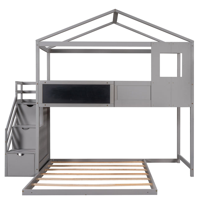 Twin over Full House Bunk Bed with Storage Staircase and Blackboard,Grey