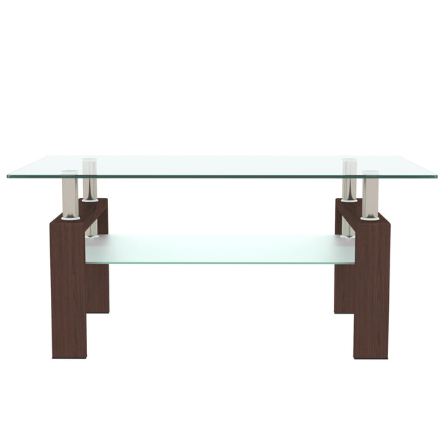 Rectangle Walnut Glass Coffee Table, Clear Coffee Table，Modern Side Center Tables for Living Room， Living Room Furniture