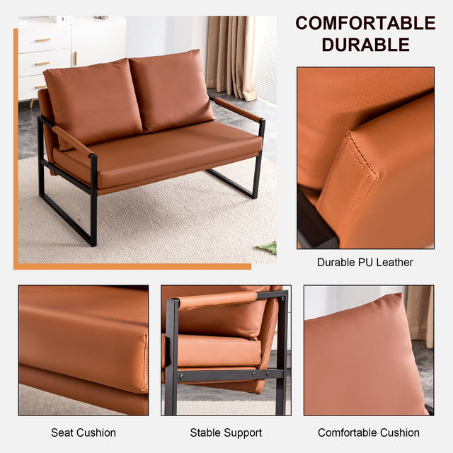 Modern Two-Seater Sofa Chair with 2 Pillows - PU Leather, High-Density Foam, Black Coated Metal Frame.Brown