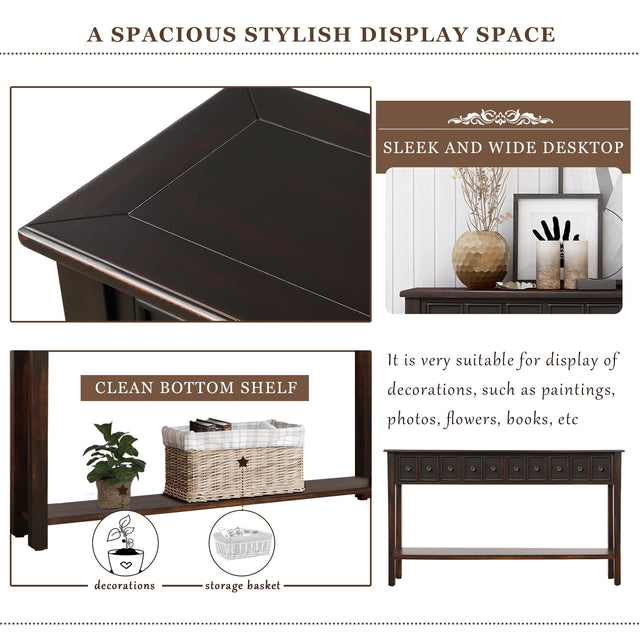 TREXM Rustic Entryway Console Table, 60" Long Sofa Table with two Different Size Drawers and Bottom Shelf for Storage (Black)