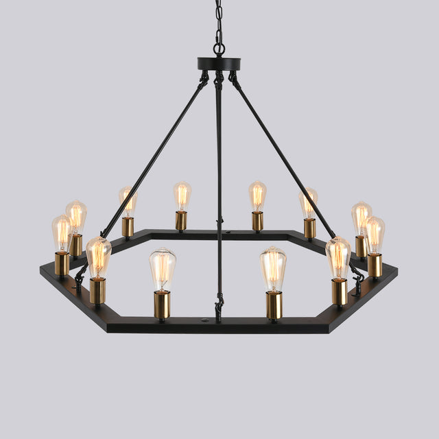 Modern American hexagonal black chandelier 12 bulbs