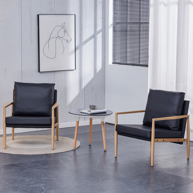 Sofa Chair.Black PU Leather Accent Arm Chair Mid Century Modern Upholstered Armchair with Imitation solid wood color Metal Frame Padded Backrest and Seat Cushion Sofa Chairs for Living Room