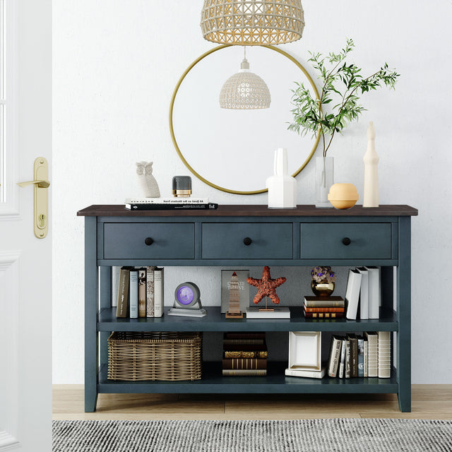 TREXM Retro Design Console Table with Two Open Shelves, Pine Solid Wood Frame and Legs for Living Room (Navy)