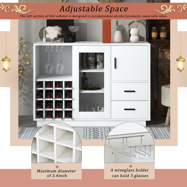 TREXM Kitchen Functional Sideboard with Glass Sliding Door and Integrated 16 Bar Wine Compartment, Wineglass Holders (White)