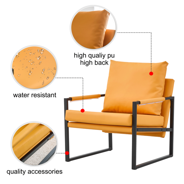 PU Leather Accent Arm Chair Mid Century Modern Upholstered Armchair with Metal Frame Extra-Thick Padded Backrest and Seat Cushion Sofa Chairs for Living Room ( orange PU Leather + Metal Frame + Foam)