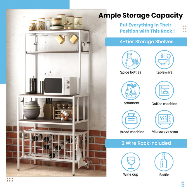 TOPMAX Updated Industrial Modern 5-Tier Baker Rack, Freestanding Bar Wine Rack Table with Glass& Cup Holders&Hooks,  Dark Brown