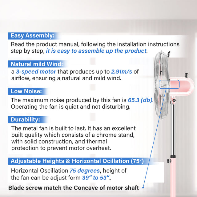 16 Inch High Velocity Stand Fan, Adjustable Heights, 75°Oscillating, Low Noise, Quality Made Fan with 3 Settings Speeds, Heavy Duty Metal for Industrial, Commercial, Residential, Color: Pink
