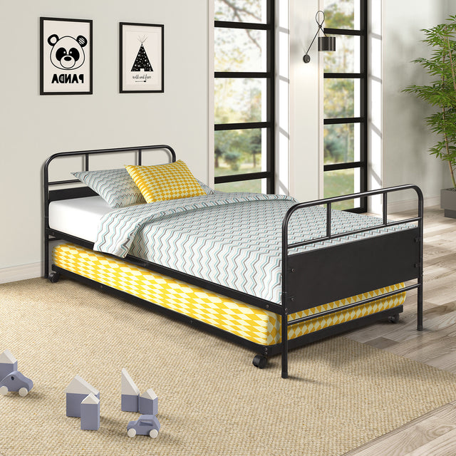 【Not allowed to sell to Walmart】Metal Daybed Platform Bed Frame with Trundle Built-in Casters, Twin Size