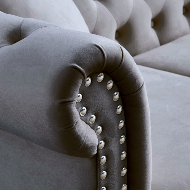 [Video] 80" Chesterfield Sofa Grey Velvet for Living Room, 3 Seater Sofa Tufted Couch with Rolled Arms and Nailhead for Living Room, Bedroom, Office, Apartment, two pillows