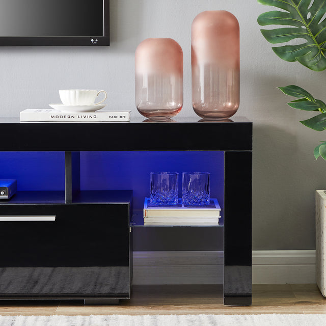 20 minutes quick assemble,Black morden TV Stand with LED Lights,high glossy front TV Cabinet,can be assembled in Lounge Room, Living Room or Bedroom,color:black