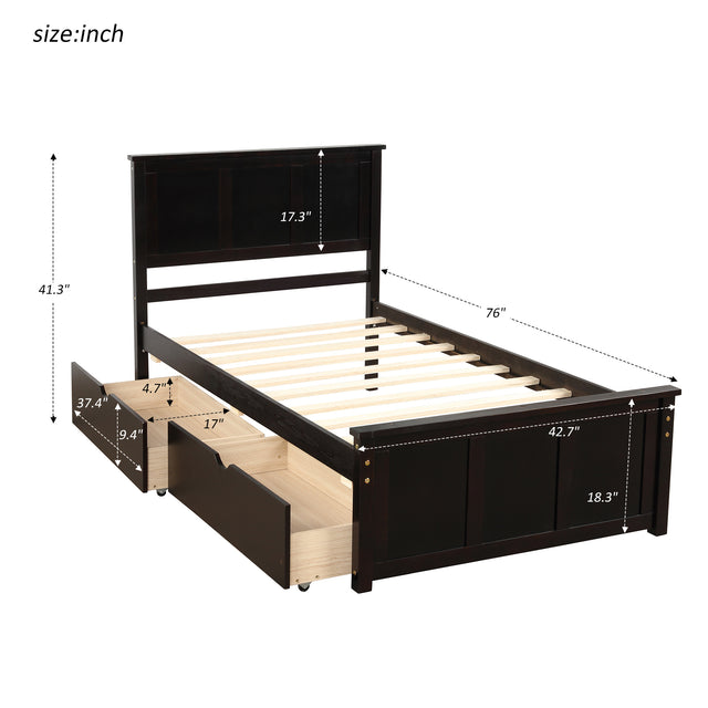 Platform Storage Bed, 2 drawers with wheels, Twin Size Frame, Espresso (New SKU：WF283062AAP)