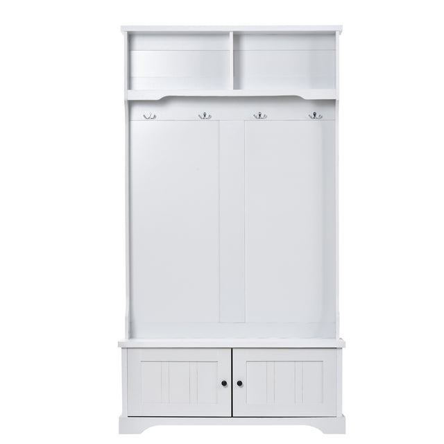 ON-TREND Hall Tree Entryway Bench with Shelves Cabinet and Four Hooks, 3-in-1 Design, White