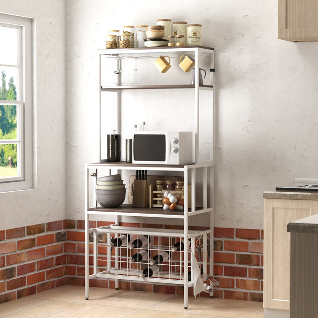 TOPMAX Updated Industrial Modern 5-Tier Baker Rack, Freestanding Bar Wine Rack Table with Glass& Cup Holders&Hooks,  Dark Brown