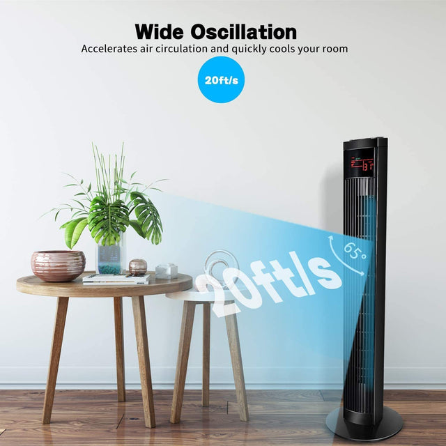 Simple Deluxe 36’’ Electric Oscillating Tower Fan with Remote Controland Large LED Display, Great for Indoor, Bedroom and Home Office, Black