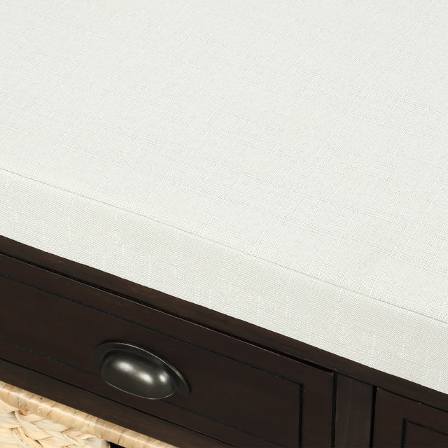 TREXM Rustic Storage Bench with 3 Drawers and 3 Rattan Baskets, Shoe Bench for Living Room, Entryway (Espresso)