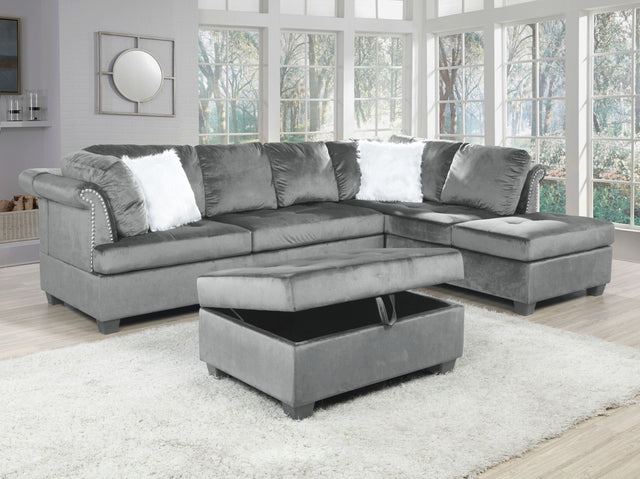 Omega L-Shaped Sectional with Ottoman in Gray Finished with Velvet Fabric