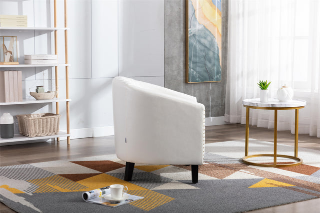 COOLMORE accent Barrel chair living room chair with nailheads and solid wood legs  white  pu leather