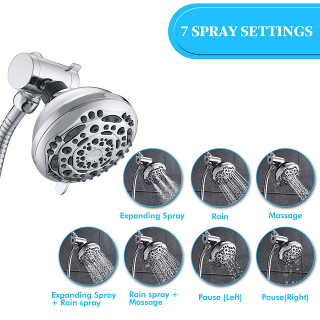 Rain Shower Head - High Pressure Handheld Showerhead & Rain Showerhead Combo with 7 Spray Setting, 2 in 1 Shower Head System Stainless Steel Extra Long Shower Hose，Chrome 1.8 GPM