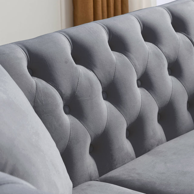 [Video] 80" Chesterfield Sofa Grey Velvet for Living Room, 3 Seater Sofa Tufted Couch with Rolled Arms and Nailhead for Living Room, Bedroom, Office, Apartment, two pillows