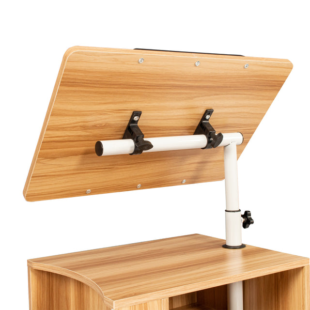Height Adjustable Overbed End Table Wooden Nightstand with Swivel Top, Storage Drawers, Wheels and Open Shelf,  (White Maple)