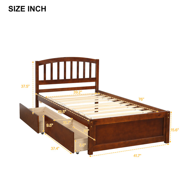 Twin Platform Storage Bed Wood Bed Frame with Two Drawers and Headboard, Walnut（Previous SKU: SF000062DAA）