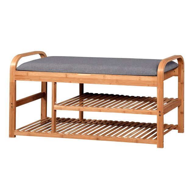 Living Room Bamboo Storage Bench， Entryway 3 Shelves Bench with flip storage compartment 39.37 x 13 x 19.88 inch