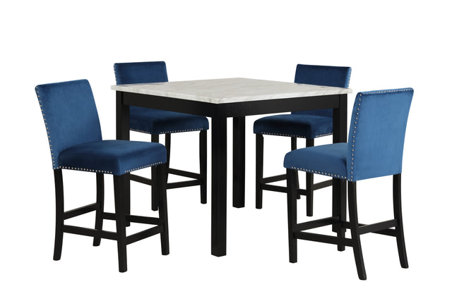 5-piece Counter Height Dining Table Set with One Faux Marble Dining Table and Four Upholstered-Seat Chairs,for Kitchen and Living room,Table : 42"L x42"Wx36"H,Chair:18.5"Wx23.2"Dx39.8"H,  Blue
