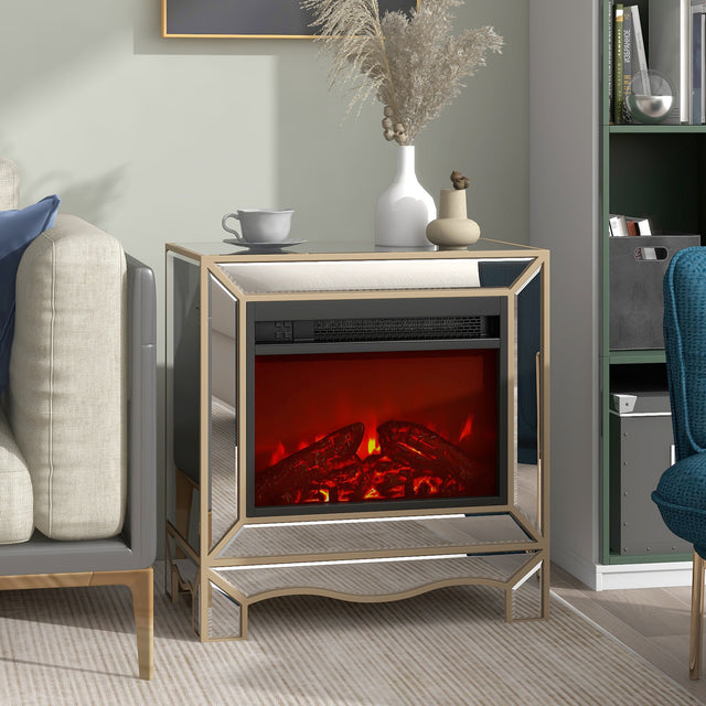 W 23.2"X D 13.4“ X H 24.4” Mirrored mantelpiece with champagne color bezel   Built in 1500 function heating